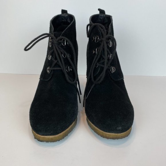 Steve Madden Wedge Ankle Booties 8 Black Suede Leather Tanngoo Lace Up - Picture 6 of 11